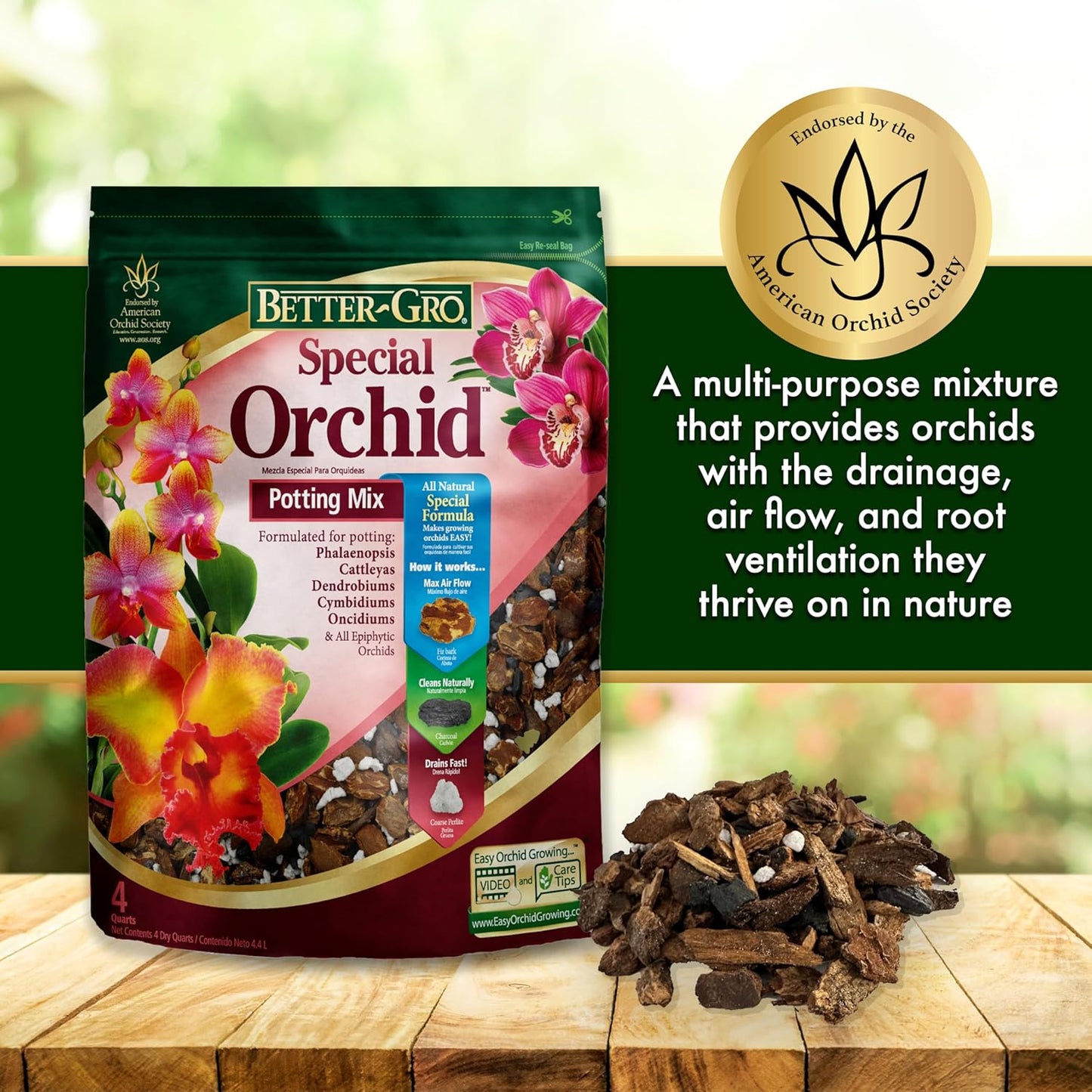 Better-Gro Special Orchid Mix - Premium Grade Orchid Bark Potting Mix for Potting, Repotting, Enhanced Drainage, Air Flow & Root Ventilation, Ideal for Phalaenopsis, Cattleyas, Dendrobiums - 8 Quarts