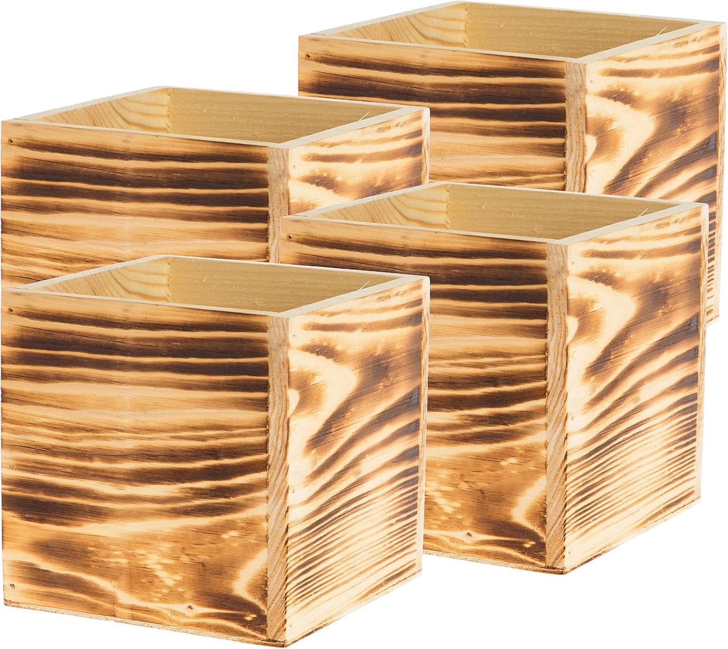 Wooden Planter Box, Rustic Burned Wood/Whitewash with Plastic Liner l Garden Decor l Restaurant and Wedding Decorations l Wood Box (5x5 Set of 4, Burned Wood)