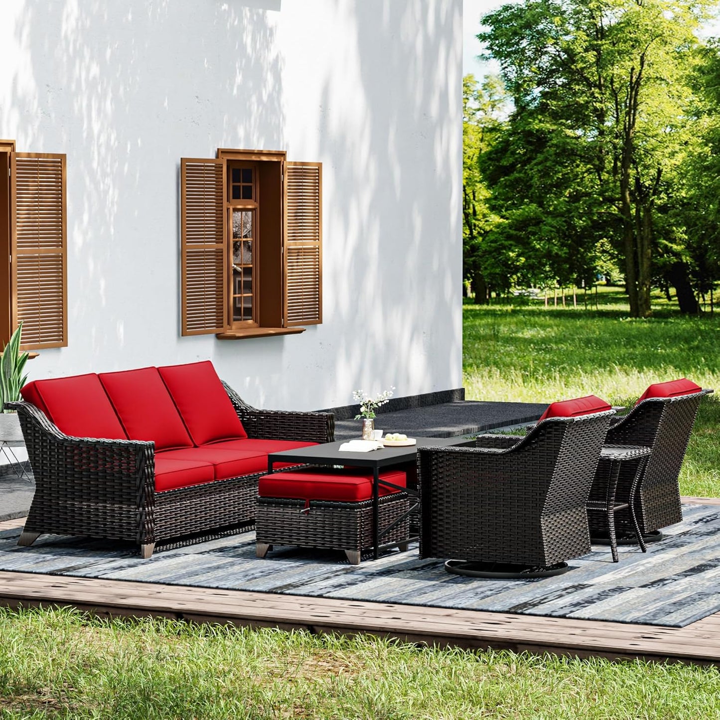 Joyside Wicker Patio Furniture Sets, 7 Pieces Upgraded Large Size Outdoor Furniture with Swivel Rocking Patio Chairs, 3-Seat Sofa, Outdoor Ottoman and Coffee Table, Thick Cushions, Wide Armrest