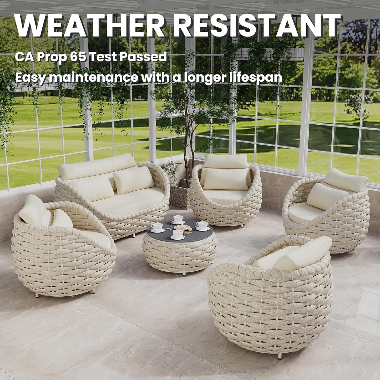 Sunroom Furniture Sets: 6 Pieces Aluminum Woven Rope Patio Conversation Sofa Set Cushioned - Modern Outdoor Couch Set No Assembly - Armchair Set Porch Deck Garden Poolside Gazebo Hotel - Beige