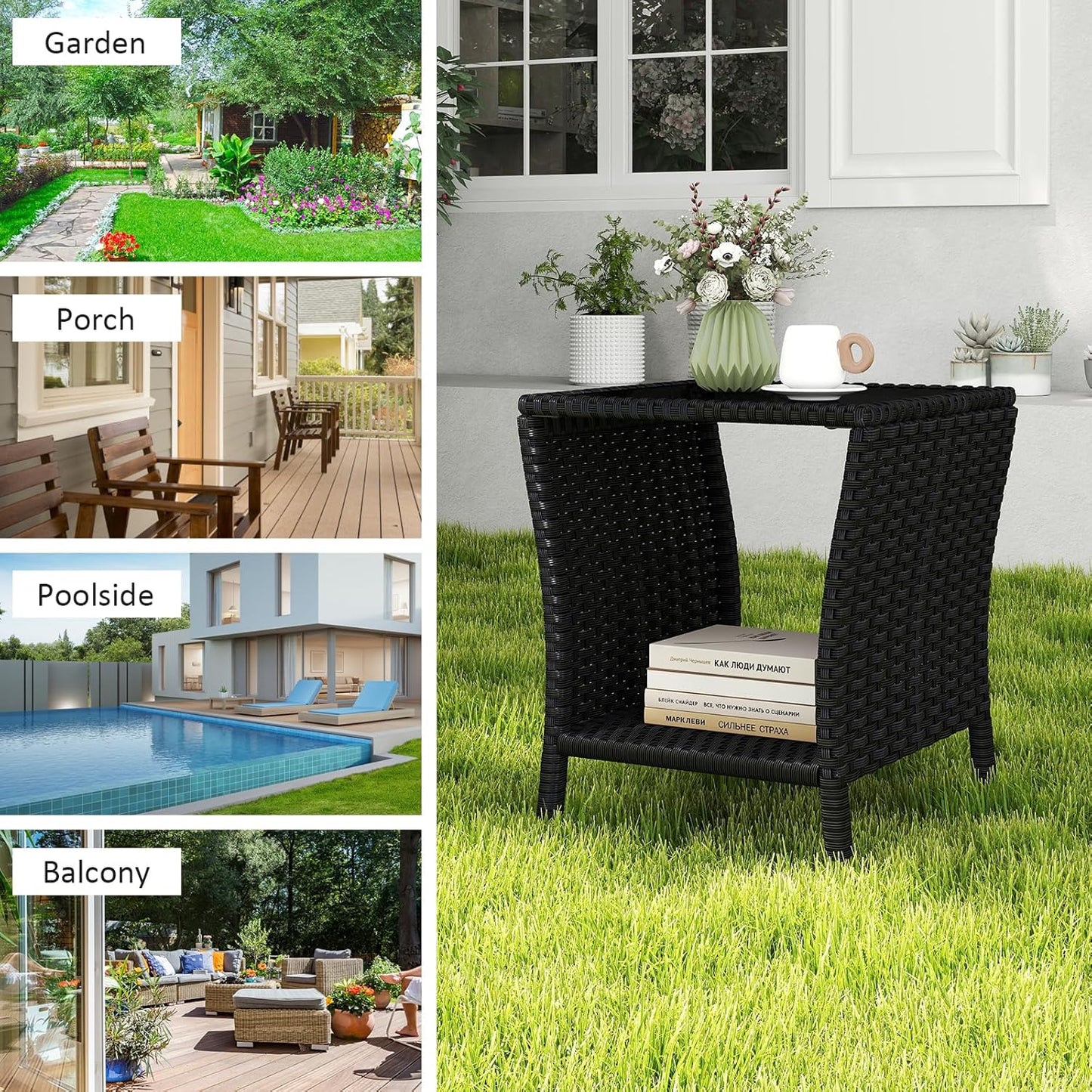 Outdoor Small Patio Table - PE Rattan Coffee Table, Wicker Side Table for Patio, Balcony & Porch, Durable & Iron Frame (2, Black)