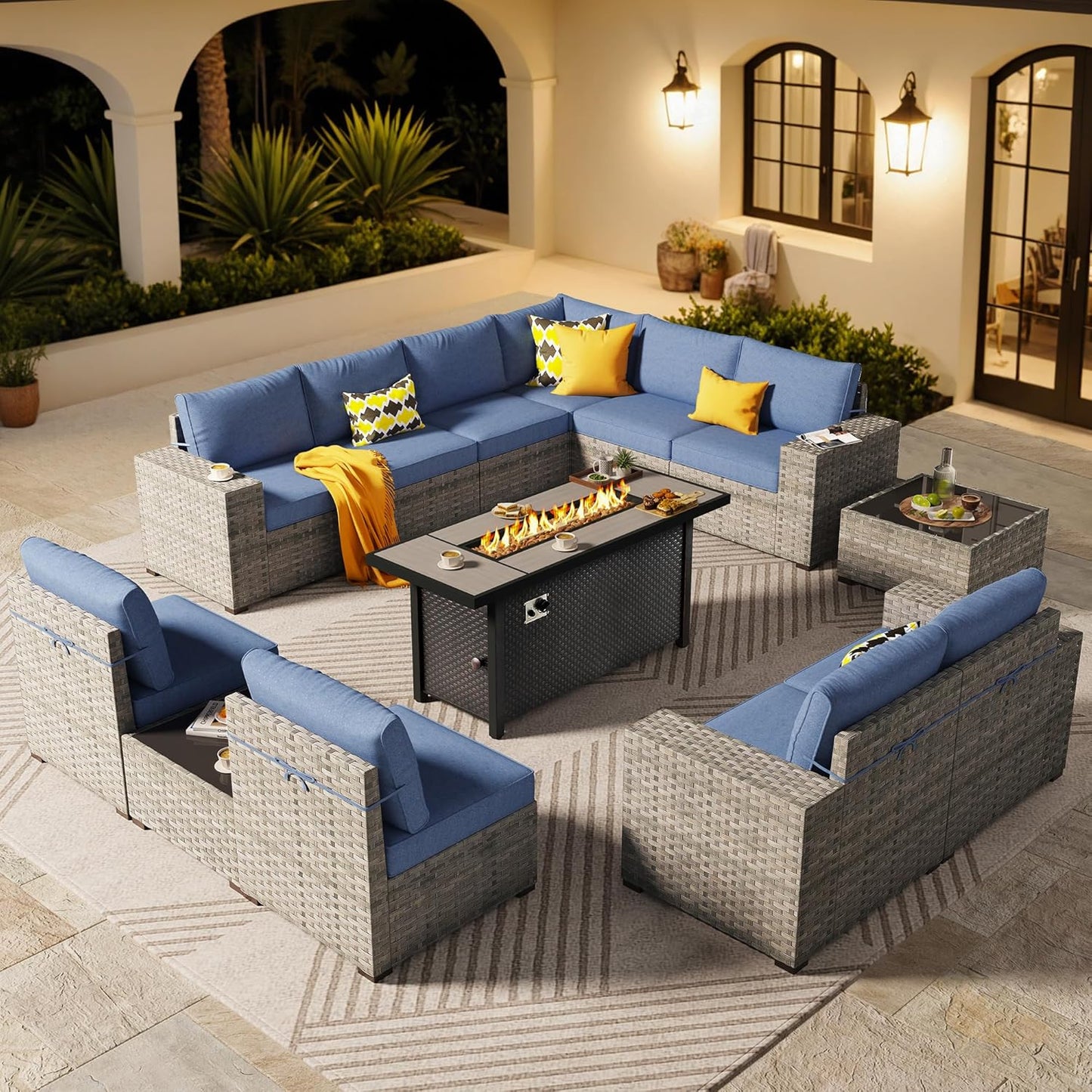 ovios 13 Pieces Patio Furniture Set, Outdoor Wicker Sectional Sofa with 54 Inch Fire Pit Table Comfy Cushions, Modern Modular Deep Seat Rattan Couch Conversation Set, Denim Blue