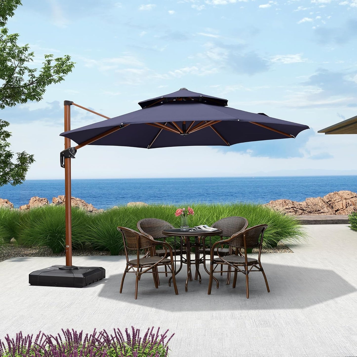 PURPLE LEAF 11ft Patio Umbrella Outdoor Round Umbrellas Large Cantilever Umbrella Windproof Offset Umbrellas Heavy Duty Sun Umbrella for Garden Deck Pool Patio, Navy Blue