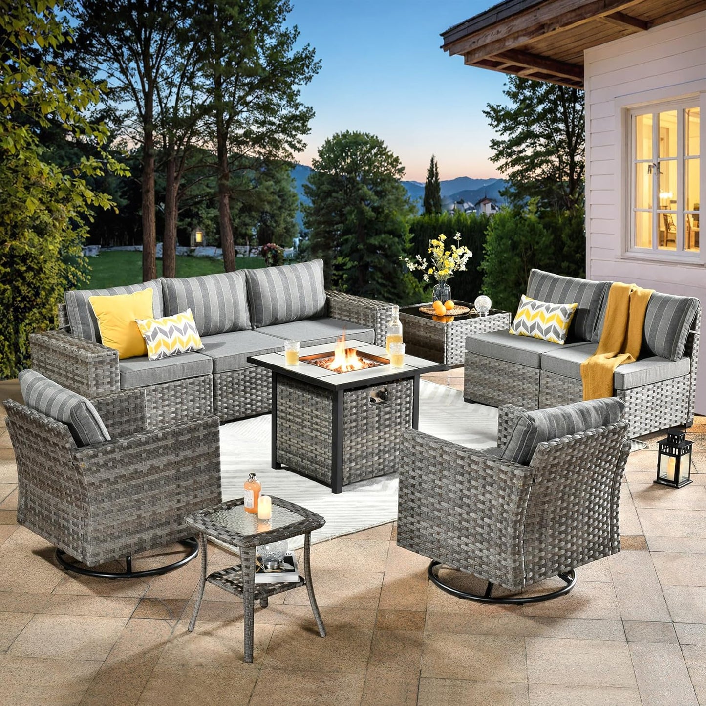 ovios 10 Pieces Patio Furniture Set, Outdoor Wicker Sectional Sofa with 30" Fire Pit Table Swivel Chairs, Modern Modular Deep Seat Rattan Couch Conversation Sets, Dark Gray Stripe