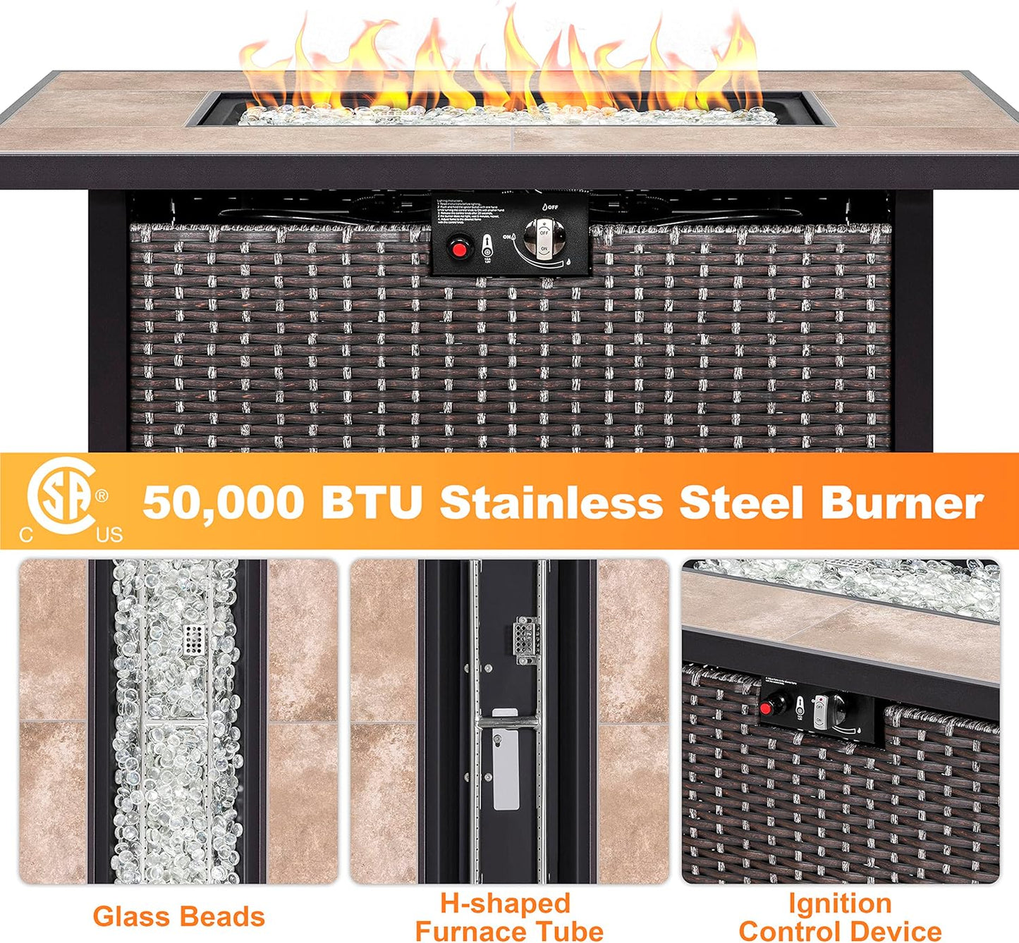 Nuu Garden Outdoor 43 Inch 50,000 BTU Propane Gas Fire Pit Table, Propnae Fire Pit with Ceramic Tabletop, Oxford Cover, Dark Brown and Coffee