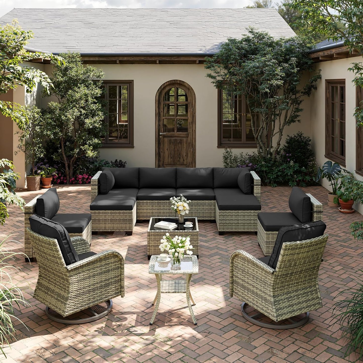 12-Piece Patio Furniture Set, Outdoor Patio Furniture with Swivel Chairs Set, Ottomans, Modular Patio Sofa, Dual-Strand Wicker Rattan, Rust-Resistant Frame, Black