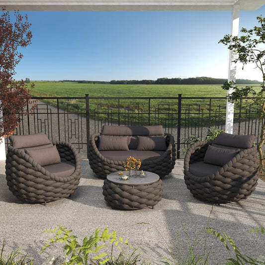 Aluminum Patio Furniture Set of 4: Woven Rope Outdoor Conversation Sofa Set Assembled - Modern Cushioned Armchair Couch Set for 660lbs Porch Deck Backyard Poolside Drawing Room Hotel, Dark Gray