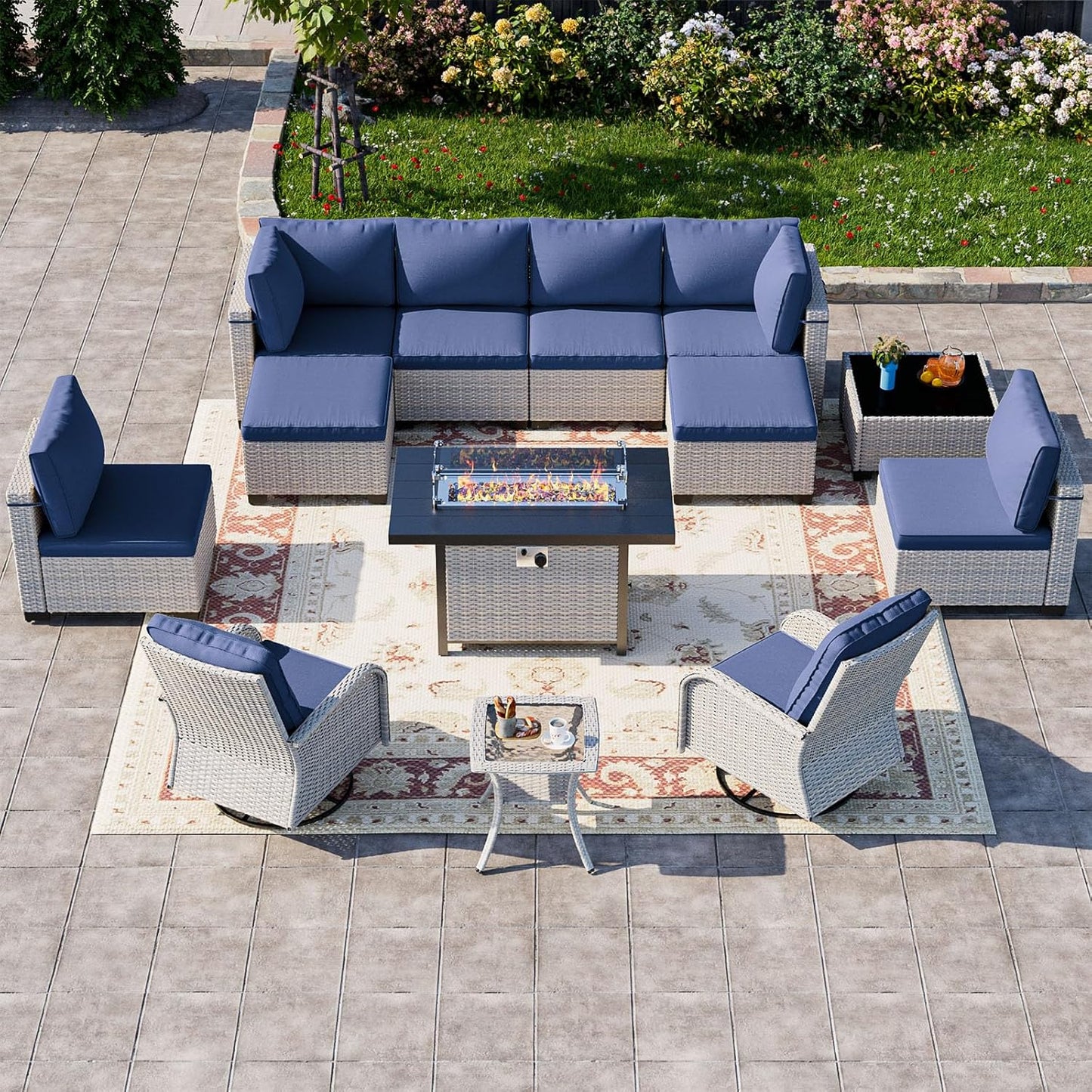 13-Piece Patio Furniture Set, Outdoor Patio Furniture with Swivel Chairs Set, Ottomans, 55,000 BTU Fire Pit Table, Modular Patio Sofa, Dual-Strand Wicker Rattan, Rust-Resistant Frame, Navy Blue