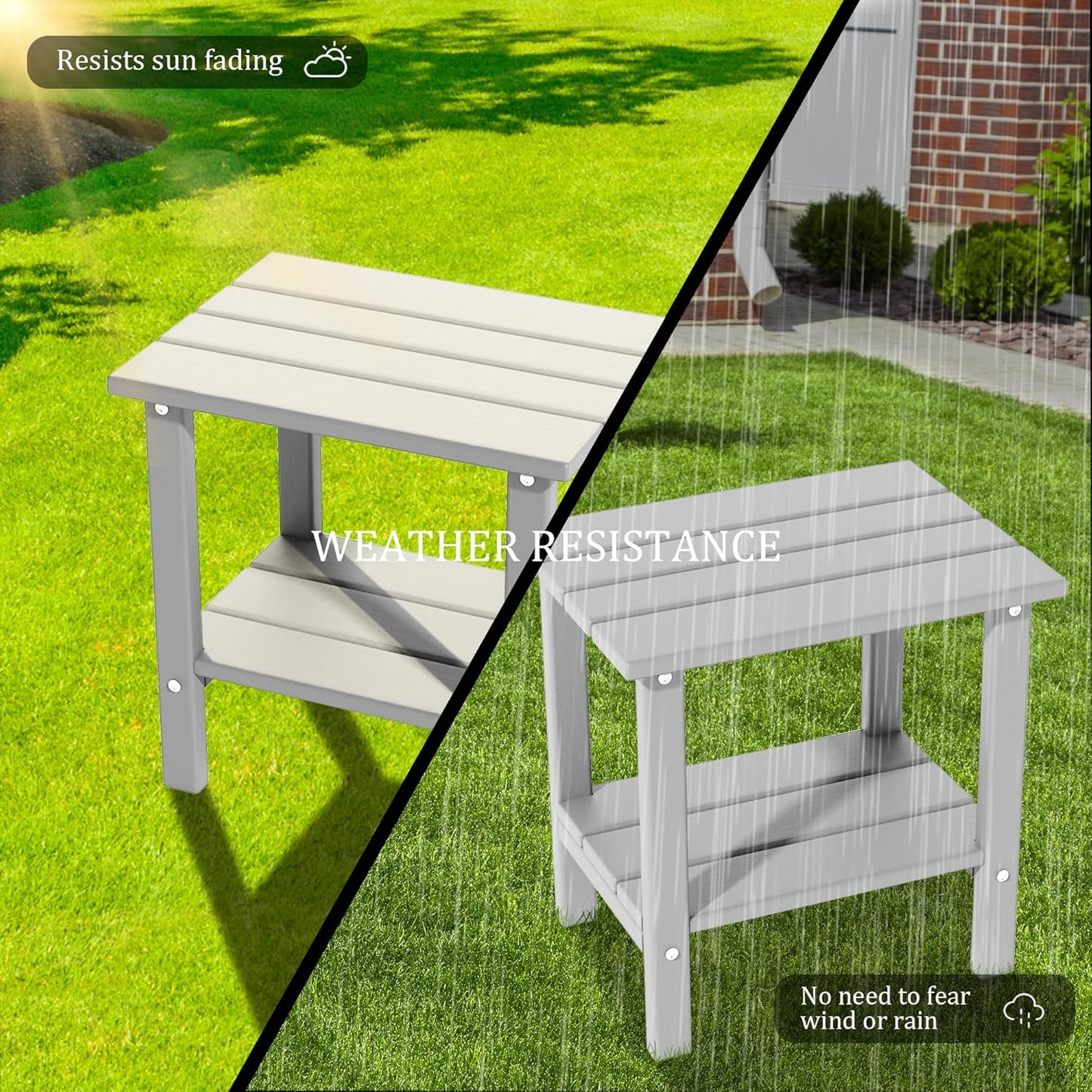 Outdoor Side Table, Weather Resistant HDPE Outdoor Table, 2-Tier Small Patio Tables for Outside or Indoor (White)