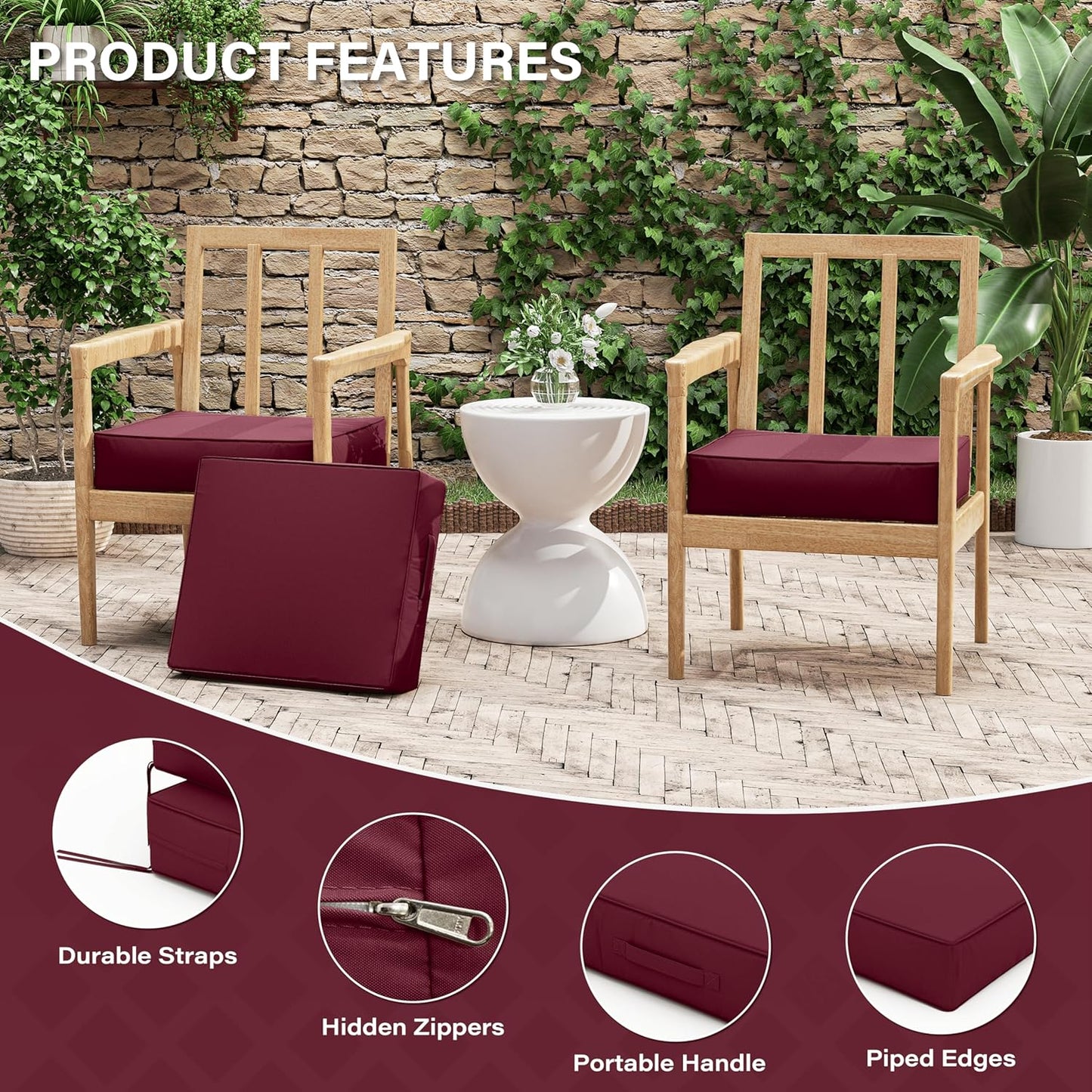 Patio Chair Cushions 18.5 X 16 X 4 Inch Waterproof Outdoor Seat Cushions for Patio Furniture, Outdoor Sofa Couch Pads with Ties & Handle, Set of 2, Burgundy