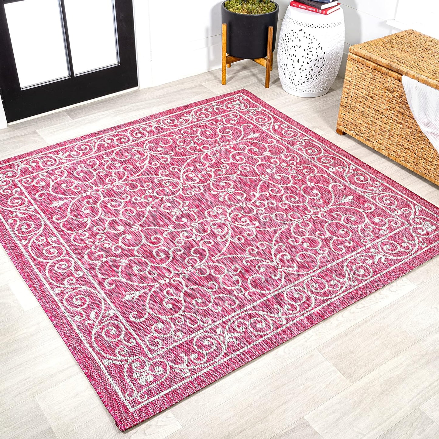 JONATHAN Y SMB106J-5SQ Charleston Vintage Filigree Textured Weave Indoor Outdoor Area Rug, Classic Traditional,Bedroom,Kitchen,Backyard,Patio, Fuchsia/Light Gray, 5' Square