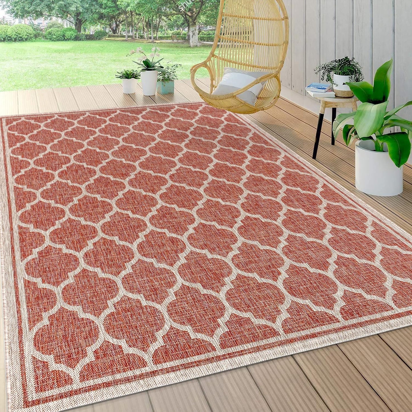 Eyely BMS109C-3 Santa Monica Trebol Moroccan Trellis Textured Weave Indoor/Outdoor Area Rug Coastal;Bohemian, Bedroom, Backyard, Patio, Easy-Cleaning, Non-Shedding, 3 X 5, Red/Beige