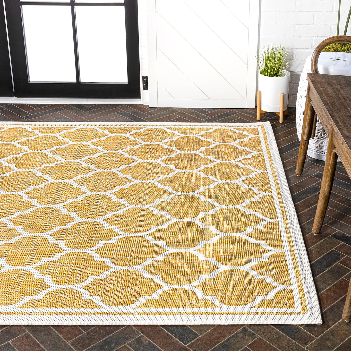 Eyely BMS109F-5 Santa Monica Trebol Moroccan Trellis Textured Weave Indoor/Outdoor Area Rug Coastal;Bohemian, Bedroom, Backyard, Patio, Easy-Cleaning, Non-Shedding, 5 X 8, Yellow/Cream