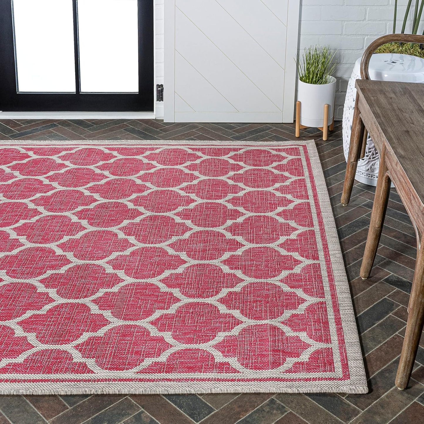 Eyely BMS109H-5 Santa Monica Trebol Moroccan Trellis Textured Weave Indoor/Outdoor Area Rug Coastal;Bohemian, Bedroom, Backyard, Patio, Easy-Cleaning, Non-Shedding, 5 X 8, Fuchsia/Light Gray