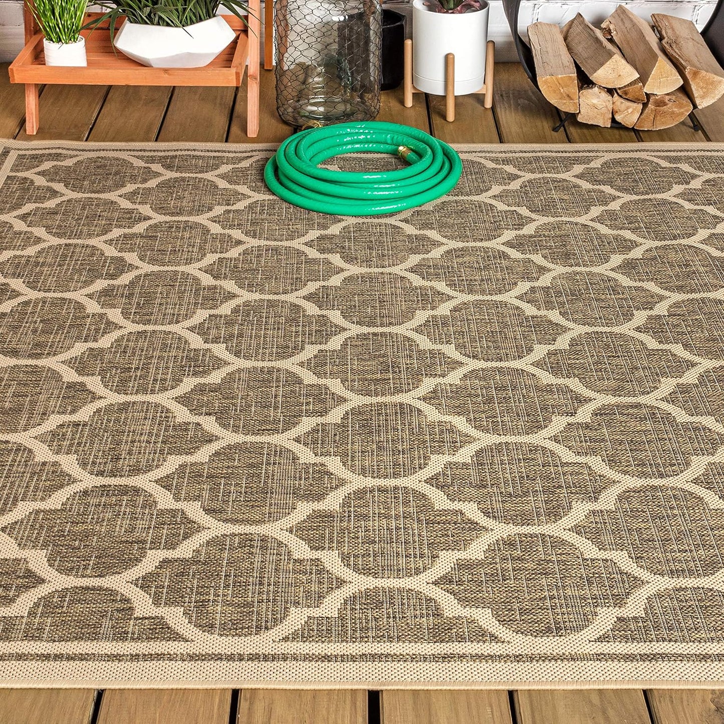 Eyely BMS109A-6 Santa Monica Trebol Moroccan Trellis Textured Weave, Pet Friendly, Non-Shedding, Stain Resistant, Easy-Cleaning, Brown/Beige, 6 ft. x 9 ft., Indoor/Outdoor, Area Rug