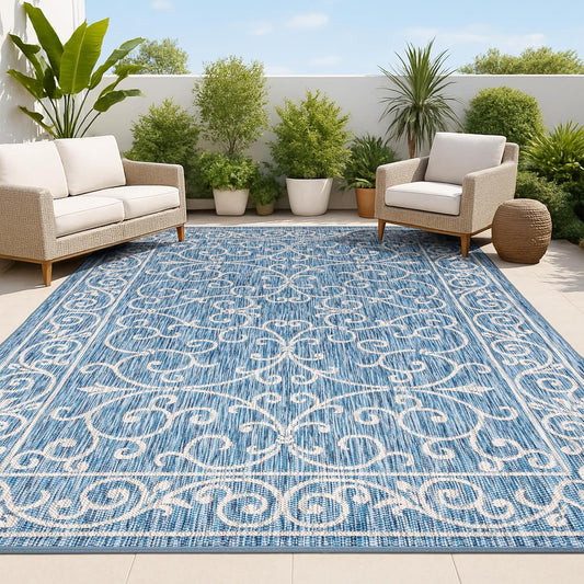 JONATHAN Y SMB106D-14 Charleston Vintage Filigree Textured Weave Navy/Gray 10 ft. x 14 ft. Indoor/Outdoor Area Rug, Pet Friendly, Non-Shedding, Stain Resistant, Easy-Cleaning for Backyard, Patio