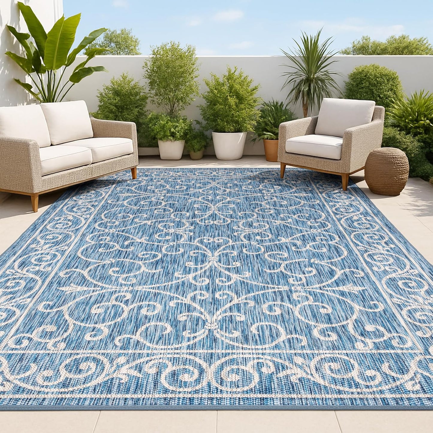 JONATHAN Y SMB106D-6 Charleston Vintage Filigree Textured Weave Navy/Gray 6 ft. x 9 ft. Indoor/Outdoor Area Rug, Pet Friendly, Non-Shedding, Stain Resistant, Easy-Cleaning for Backyard, Patio, Porch