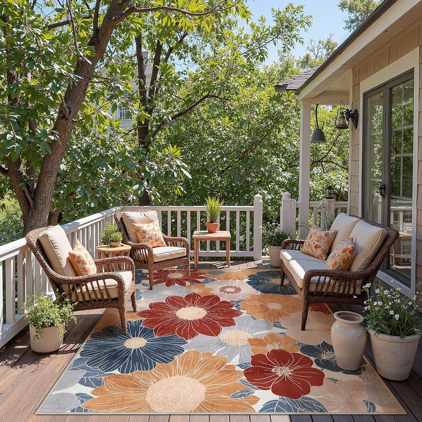 GENIMO Indoor Outdoor Area Rug 8' X 10' Waterproof, Washable Patio Rug Non Shedding, Easy Cleaning Floral Outdoor Carpet for Living Room, Bedroom, Dining Room, Balcony, Backyard, Deck, RV, Red Blue