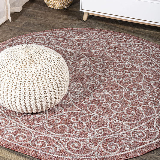 JONATHAN Y SMB106B-4R Charleston Vintage Filigree Textured Weave Red/Beige 4' Round Indoor/Outdoor Area Rug, Pet Friendly, Non-Shedding, Stain Resistant, Easy-Cleaning for Backyard, Patio, Porch