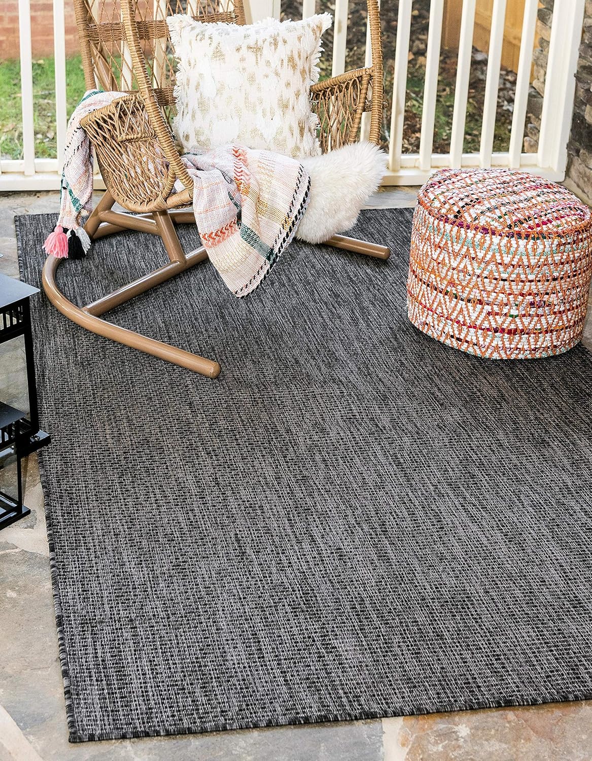Unique Loom Collection Casual Transitional Solid Heathered Indoor/Outdoor Flatweave Area Rug (7' 1" x 10' Rectangle, Black/Ivory)