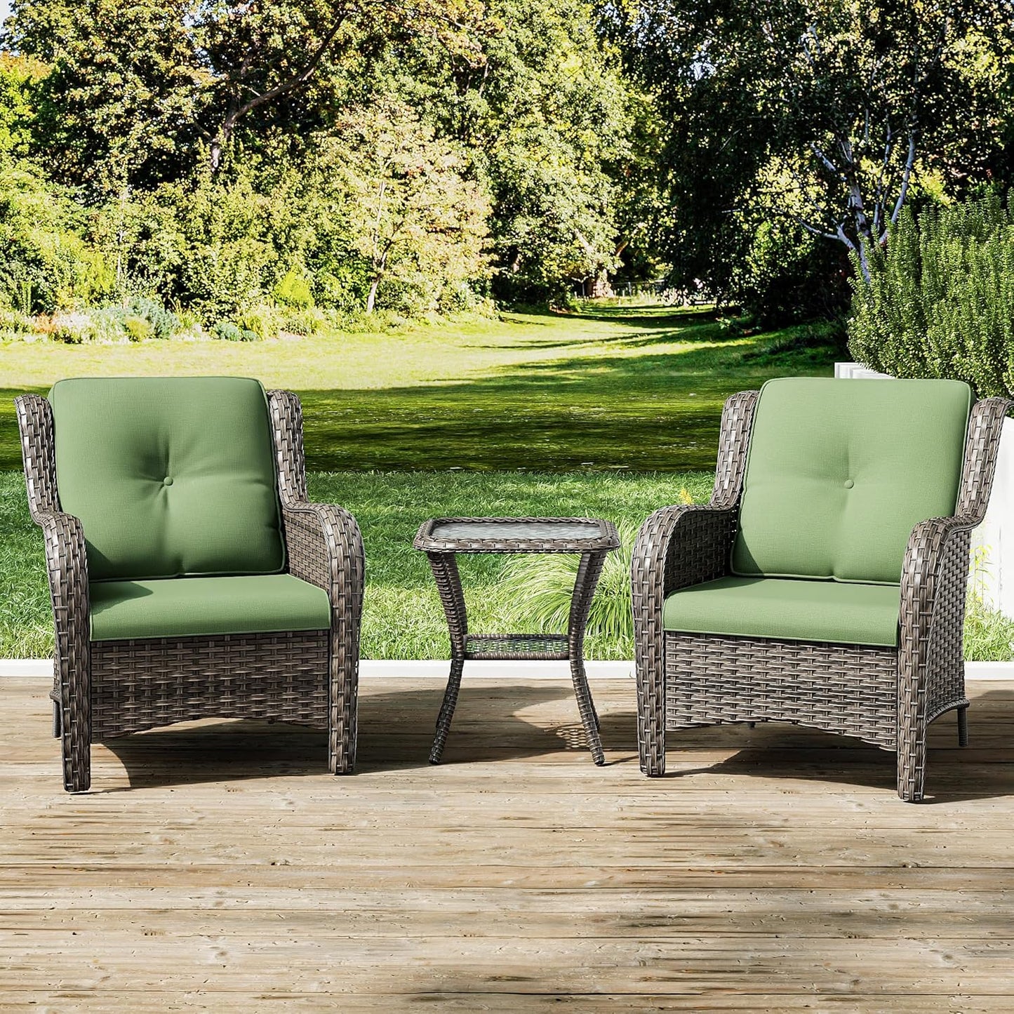 Joyside Patio Bistro Set Wicker Chairs - 3 Piece Outdoor Rattan Conversation Set with 2 Armrest Chair and 1 Side Table for Proch Deck Garden Backyard Balcony(Mixed Grey/Green)