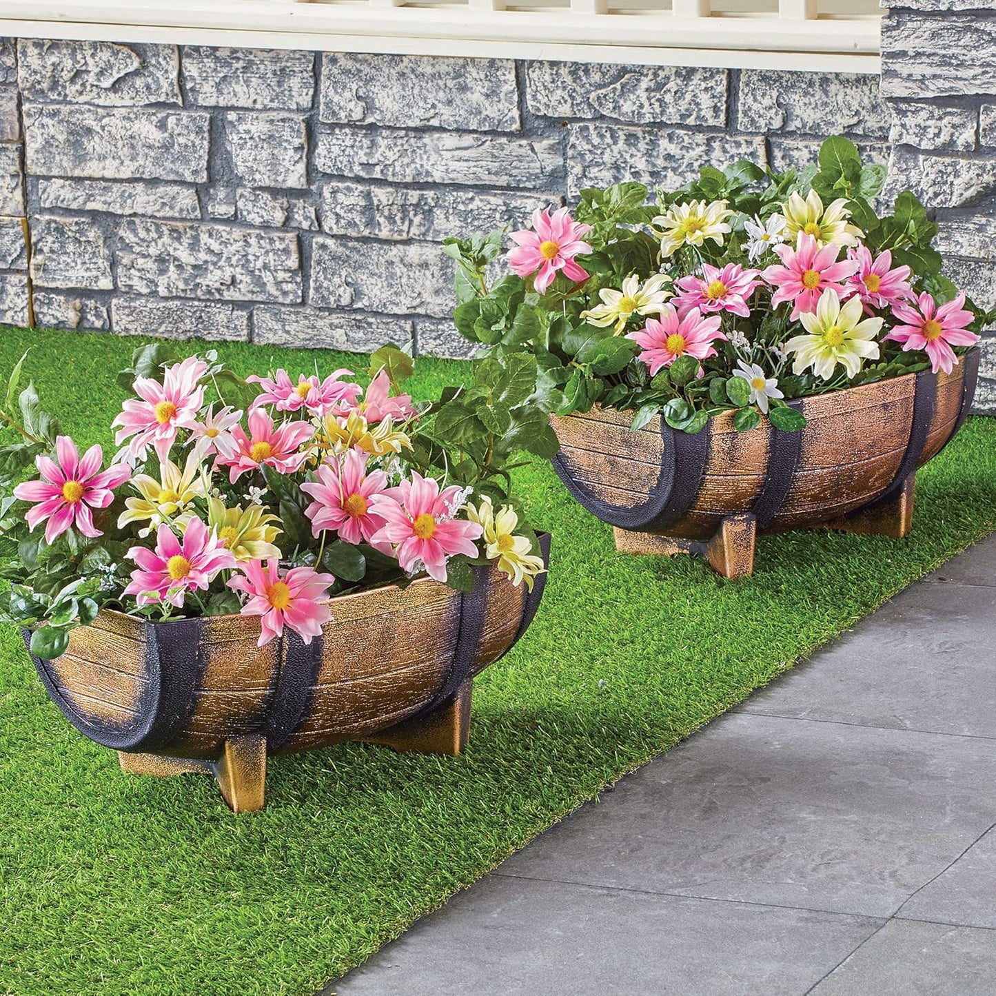 Collections Etc Rustic Half Barrel Planters - Set of 2, Weather Resistant Decorative Accent with Removable Drain Screen