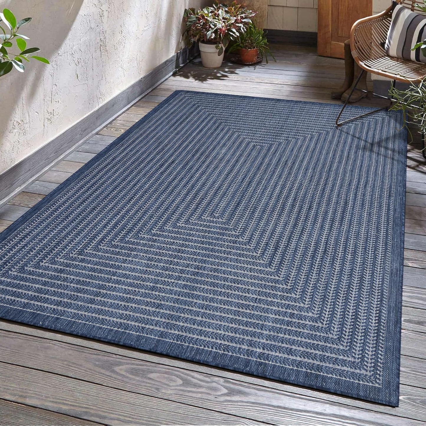 Adiva Rugs Outdoor Indoor Area Rug, Weather Resistant, Easy to Clean, Stain Resistant Floor Mat for Dining Room, Backyard, Deck, Patio (Navy Weiss, 2'6" x 7')