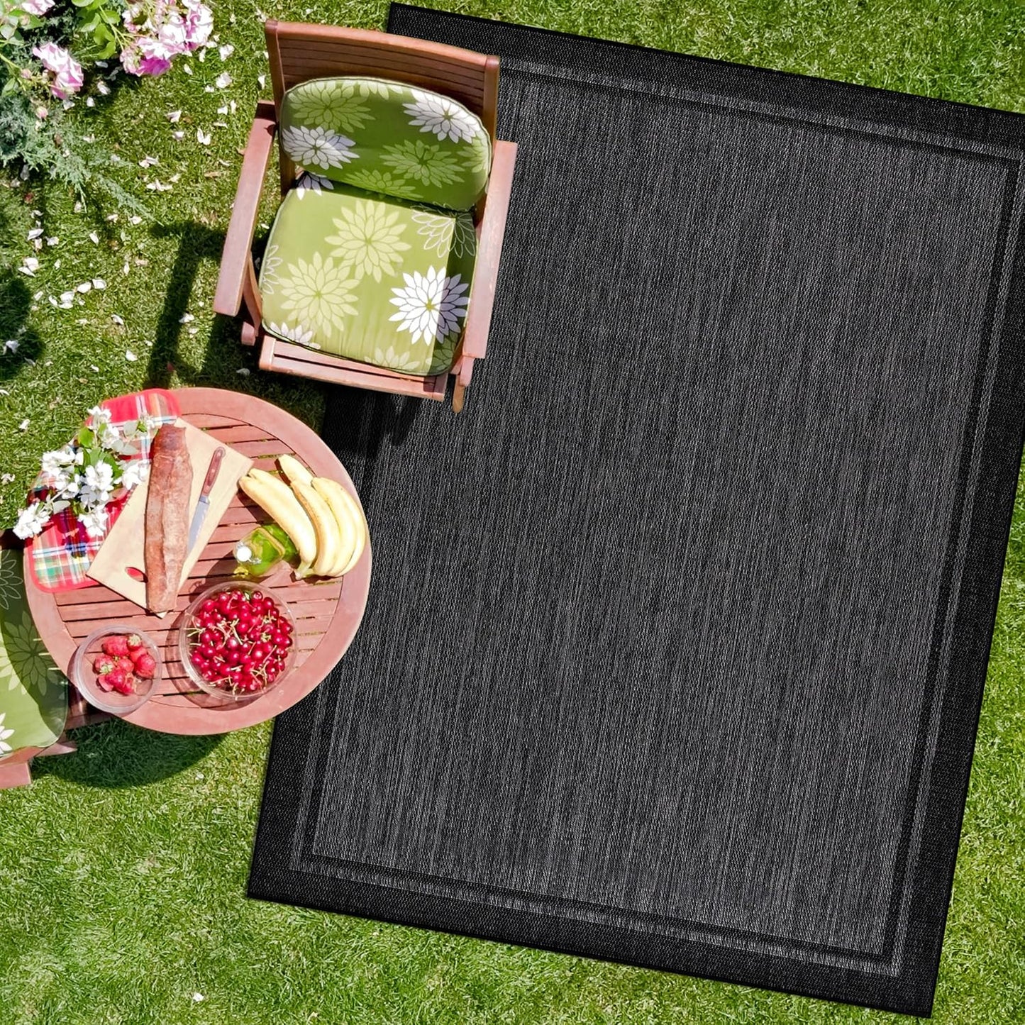 CAMILSON Indoor Outdoor Rug, 5x7 Bordered Dark Grey Black Modern Area Rugs for Indoor and Outdoor Patios, Kitchen and Hallway Mats, Washable Porch Deck Outside Carpet (Bordered Black, 5 x 7)