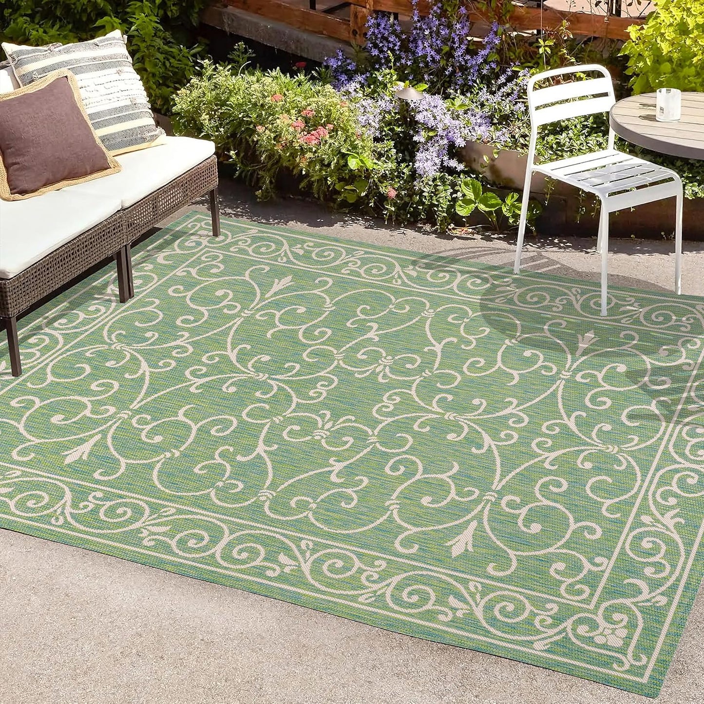 JONATHAN Y SMB106K-8 Charleston Vintage Filigree Textured Weave Indoor Outdoor Area Rug, Classic Traditional Easy-Cleaning,Bedroom,Kitchen,Backyard,Patio,Non Shedding, 8 X 10, Green/Ivory