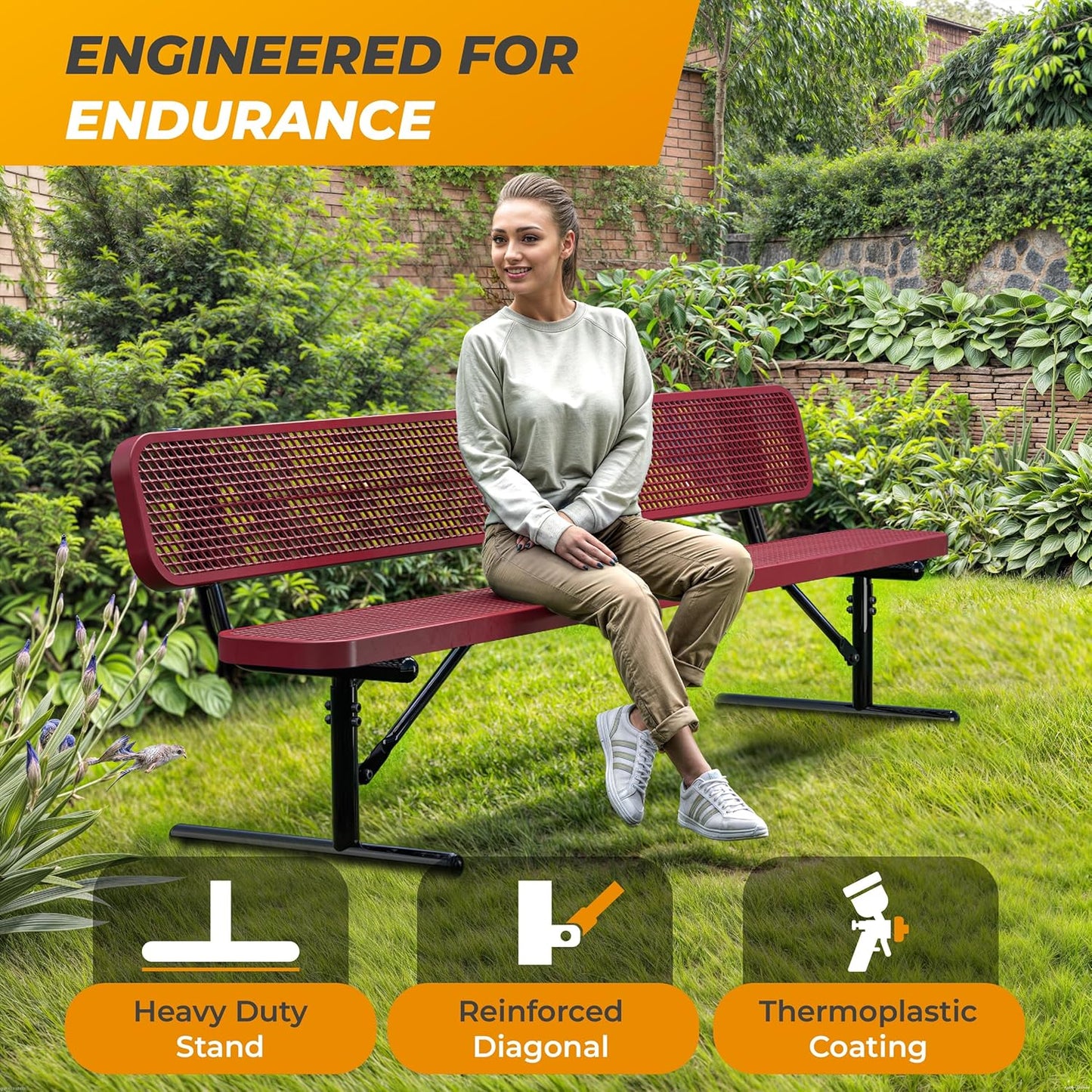 Heavy-Duty Outdoor Metal Bench, Thermoplastic-Coated, Portable, Weatherproof, Commercial-Grade for Parks, Gardens, Patios, Stores & More (8 Ft - Portable with Back, Red)