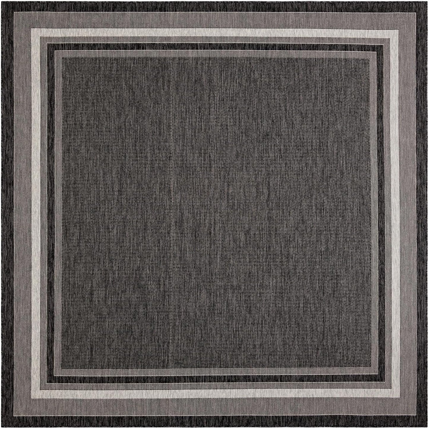 Unique Loom Outdoor Border Collection Area Rug - Soft Border (10' Square Black/Ivory)
