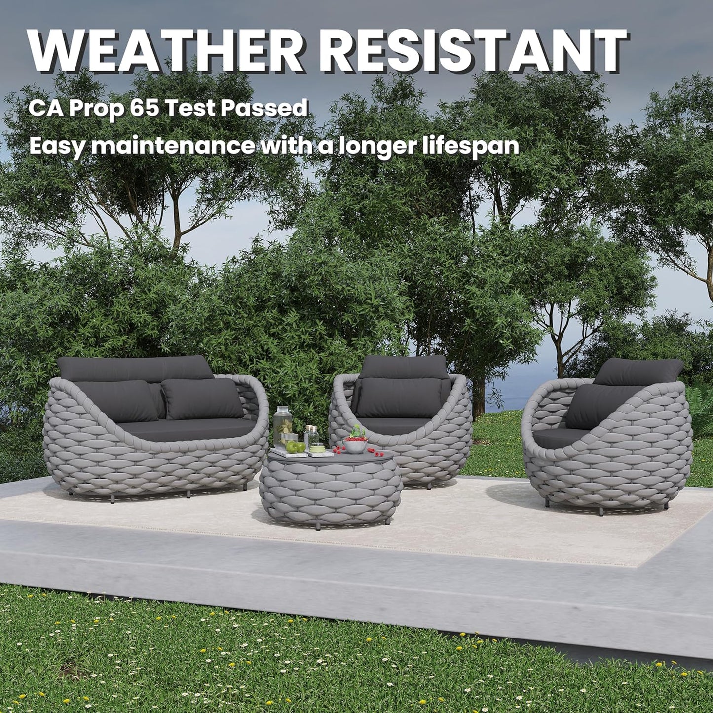 4 Pieces Assembled Patio Conversation Sets, Hand Woven Rope Outdoor Furniture Sofa Set - Aluminum Modern Cushions Couch Armchair Table Set - All Weather for Indoor Deck Porch Backyard Hotel
