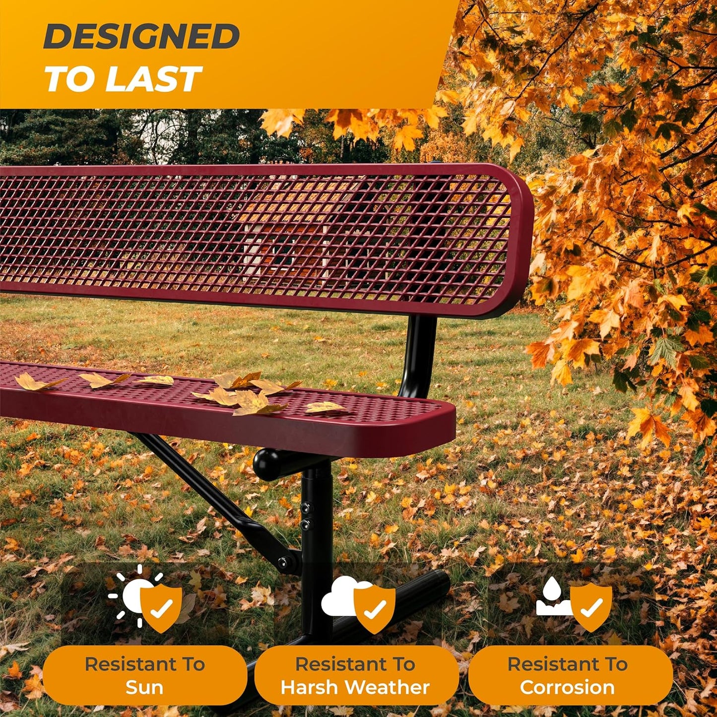 Heavy-Duty Outdoor Metal Bench, Thermoplastic-Coated, Portable, Weatherproof, Commercial-Grade for Parks, Gardens, Patios, Stores & More (8 Ft - Portable with Back, Red)