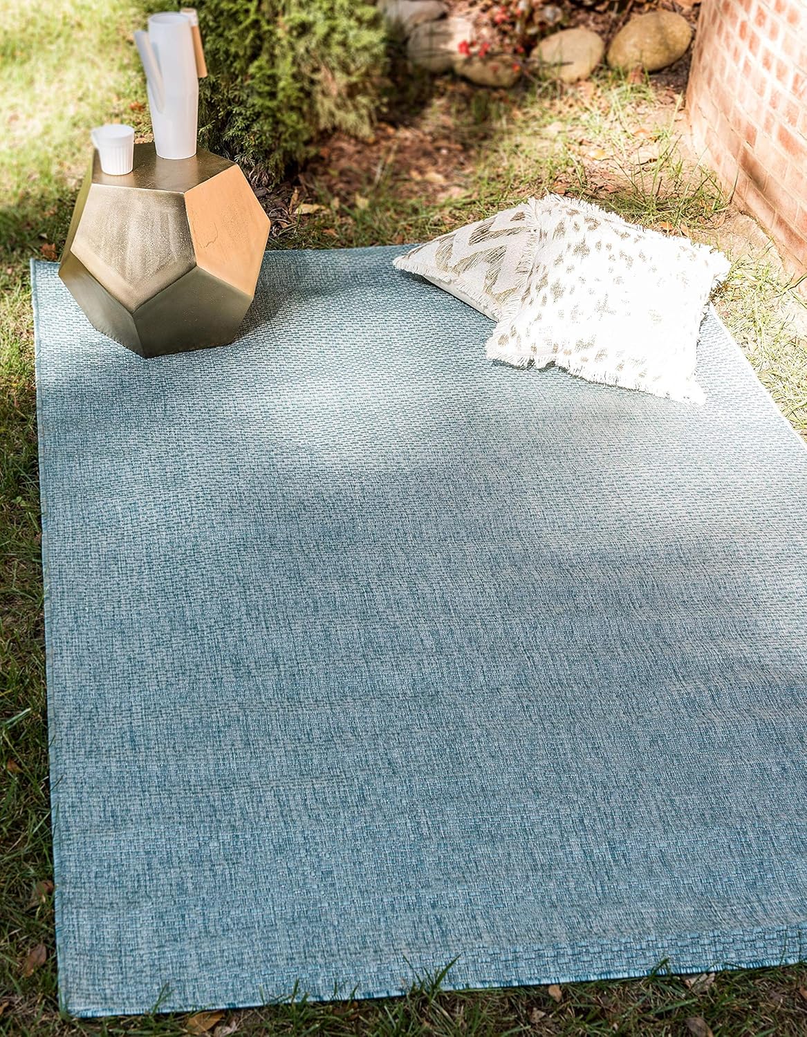 Unique Loom Collection Casual Transitional Solid Heathered Indoor/Outdoor Flatweave Area Rug (9' x 12' Rectangle, Aquamarine/Ivory)