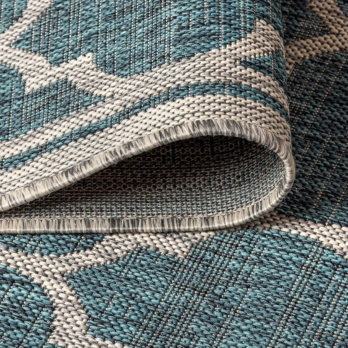 Eyely BMS109E-5SQ Santa Monica Trebol Moroccan Trellis Textured Weave Indoor/Outdoor Area Rug Coastal;Bohemian, Bedroom, Backyard, Patio, Easy-Cleaning, Non-Shedding, 5' Square, Teal/Gray