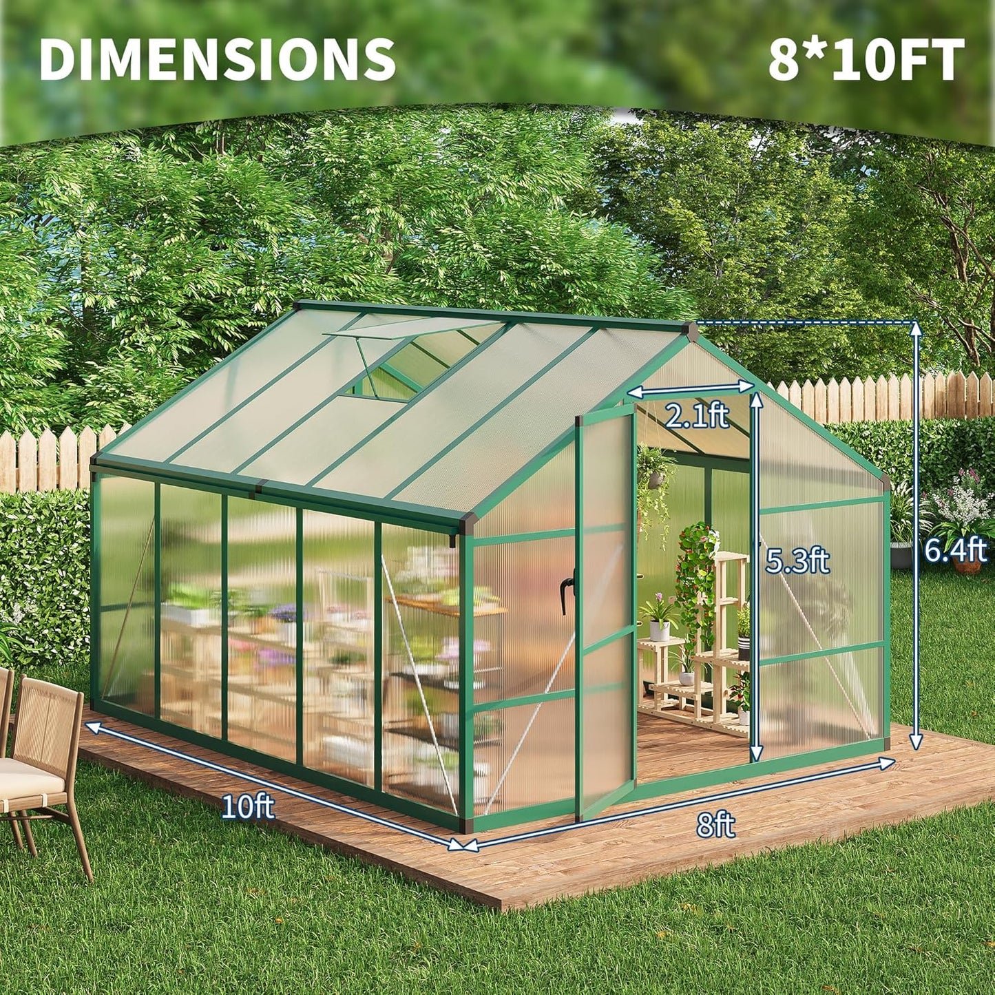 8×10 FT Greenhouse, Large Walk in Greenhouses for Outdoors and Garden Planting, Polycarbonate Greenhouse with Enhanced Aluminum Frame, Green Houses with Quick Setup Structure and Roof Vent, Green