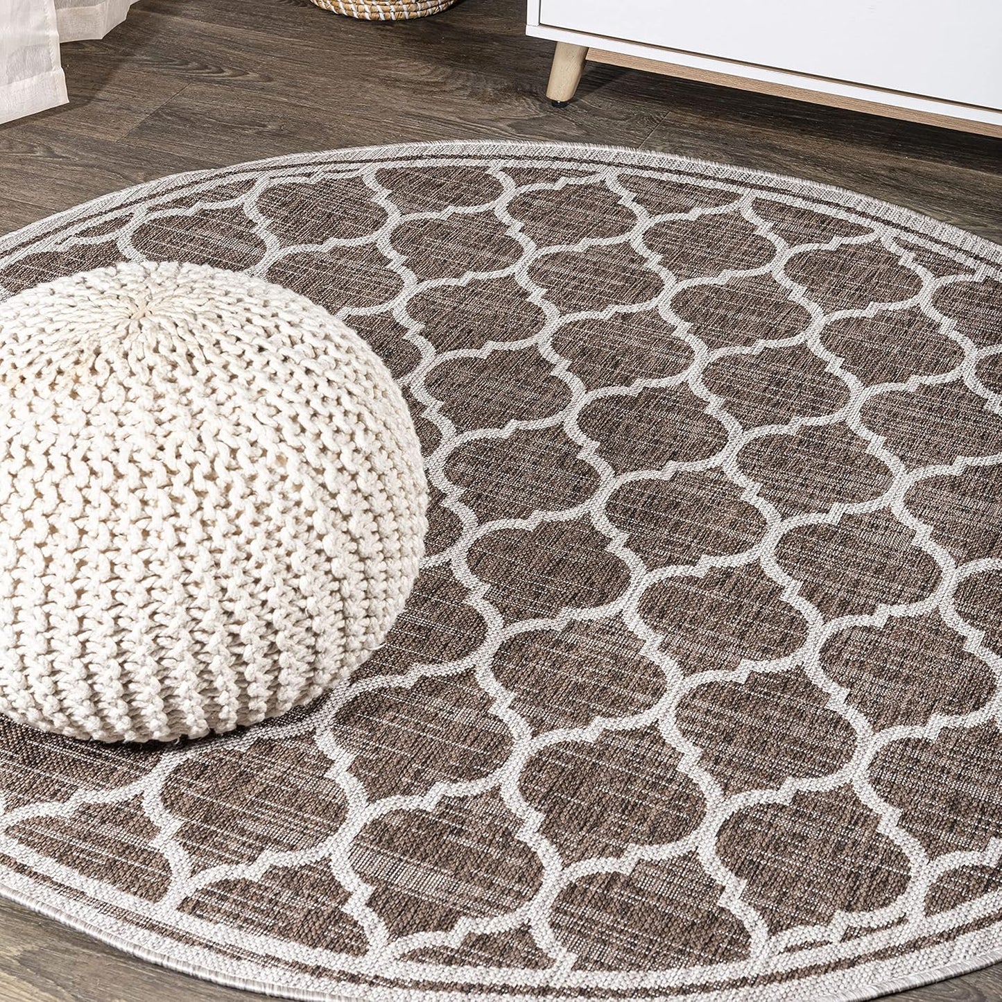 Eyely BMS109B-3R Santa Monica Trebol Moroccan Trellis Textured Weave, Pet Friendly, Non-Shedding, Stain Resistant, Easy-Cleaning, Espresso/Taupe, 3' Round, Indoor/Outdoor, Area Rug