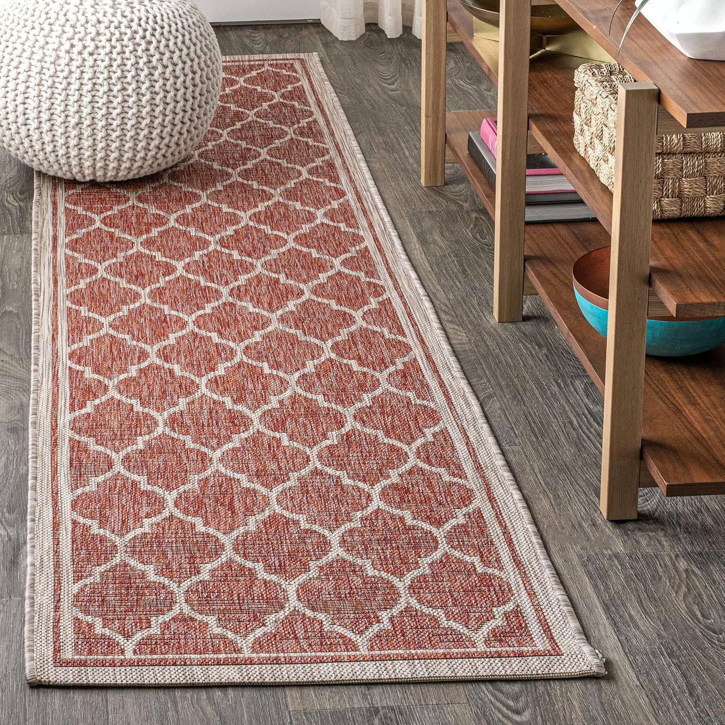 Eyely BMS109C-220 Santa Monica Trebol Moroccan Trellis Textured Weave, Pet Friendly, Non-Shedding, Stain Resistant, Easy-Cleaning, Red/Beige, 2 ft. x 20 ft., Indoor/Outdoor, Runner Rug