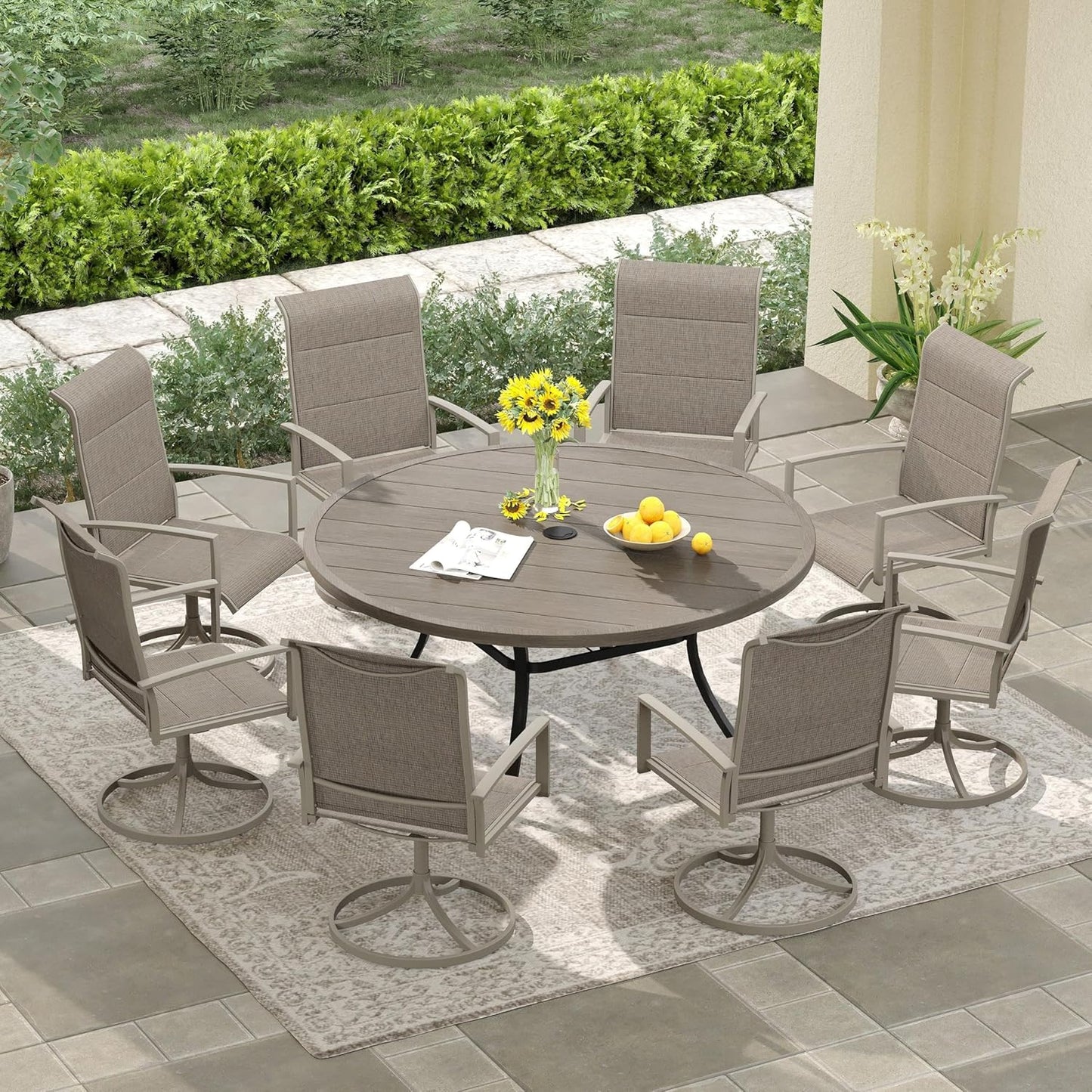 DIFY Patio Round Dining Table, 53" All Weather Round Outdoor Table with 1.57" Umbrella Hole for 8 Person, Perfect for Yard, Balcony and Lawn, Grey Wood-Like