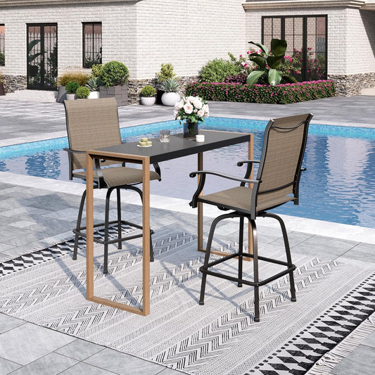 Sophia & William Outdoor Bar Set, Patio Bar Table and Chairs Set, Bar Height Patio Set - 2 x Swivel Bar Chairs(Brown), 1 x Rectangular Bar Table(Larimar Desktop)