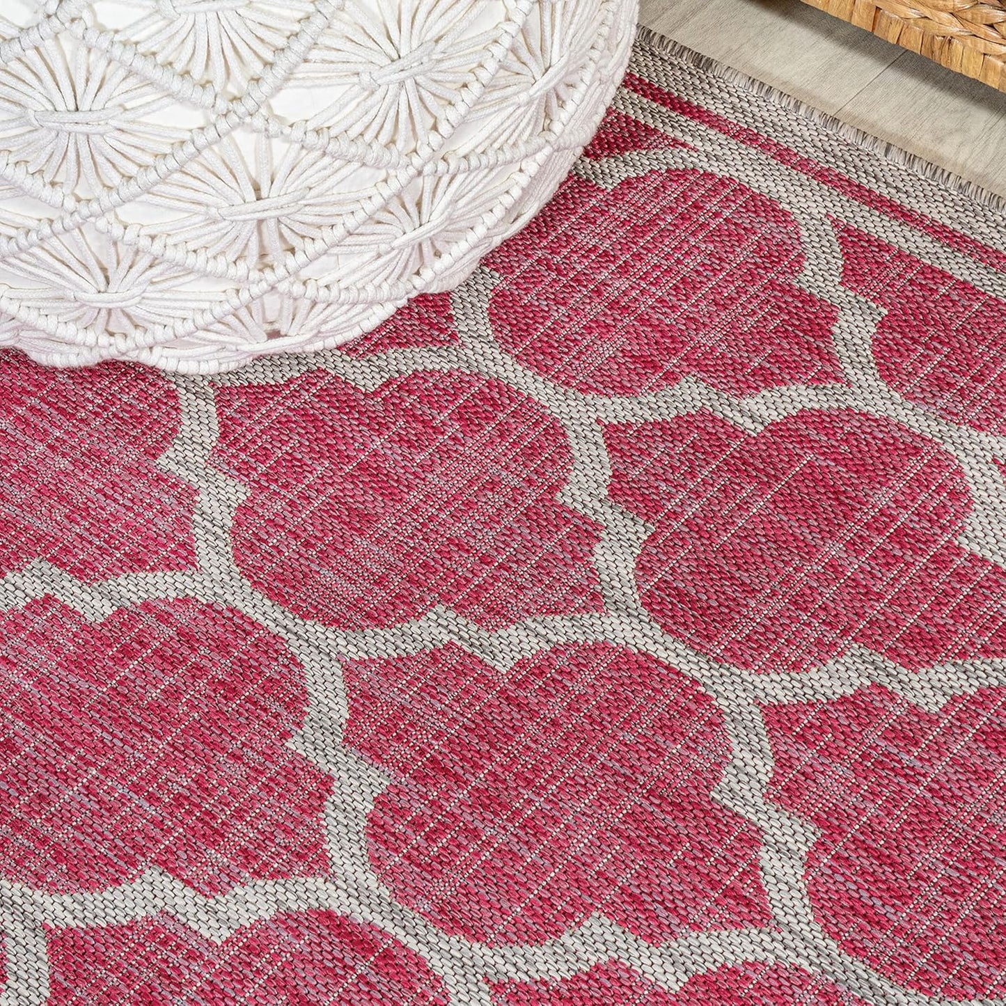 Eyely BMS109H-28 Santa Monica Trebol Moroccan Trellis Textured Weave Indoor/Outdoor Runner Rug Coastal;Bohemian, Bedroom, Backyard, Patio, Easy-Cleaning, Non-Shedding, 2 X 8, Fuchsia/Light Gray