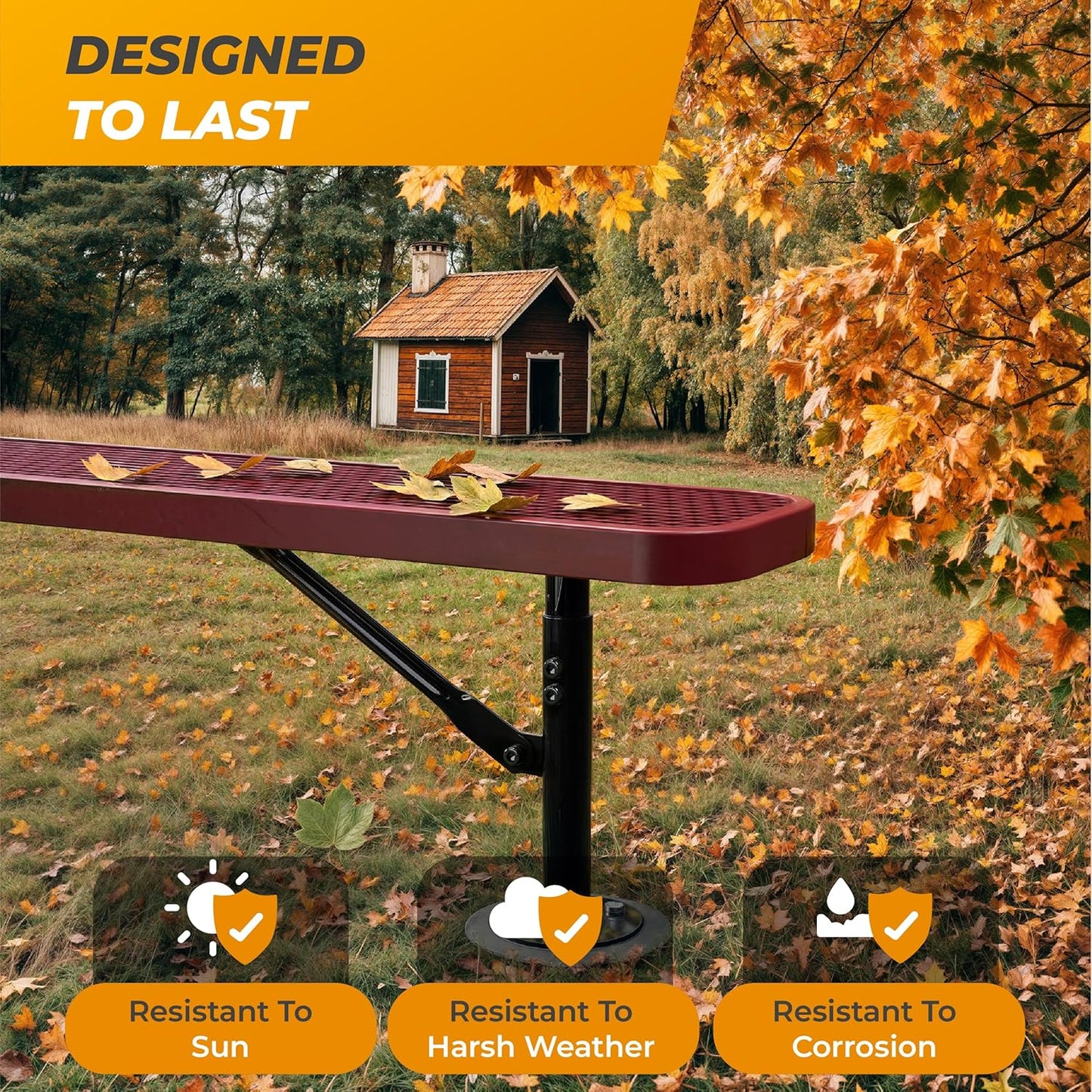 Heavy-Duty Outdoor Metal Bench, Thermoplastic-Coated, Surface, Weatherproof, Commercial-Grade for Parks, Gardens, Patios, Stores & More (8 Ft - Surface, Red)