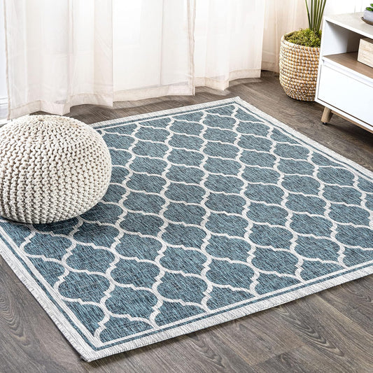 Eyely BMS109E-6SQ Santa Monica Trebol Moroccan Trellis Textured Weave, Pet Friendly, Non-Shedding, Stain Resistant, Easy-Cleaning, Teal/Gray, 6' Square, Indoor/Outdoor, Area Rug