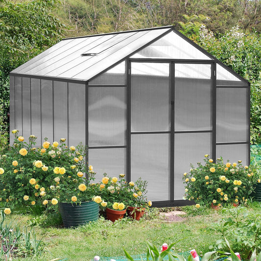 8x14 FT Green House for Outdoor, Polycarbonate Aluminum Walk-in Greenhouse Kit with Lockable Door and Adjustable Roof Vents, Backyard Garden in Winter, Gray