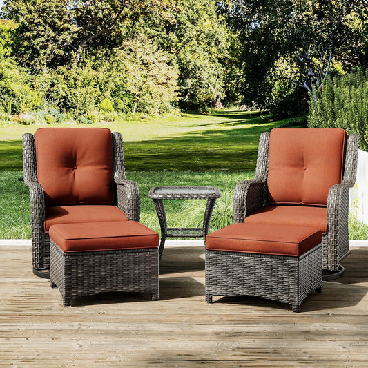 Joyside 5 Piece Outdoor Patio Furniture Set Wicker Conversation Bistro Set Swivel Rocking Chairs with Side Table and Ottomans for Backyard, Porch, Deck(Mixed Grey/Orange)