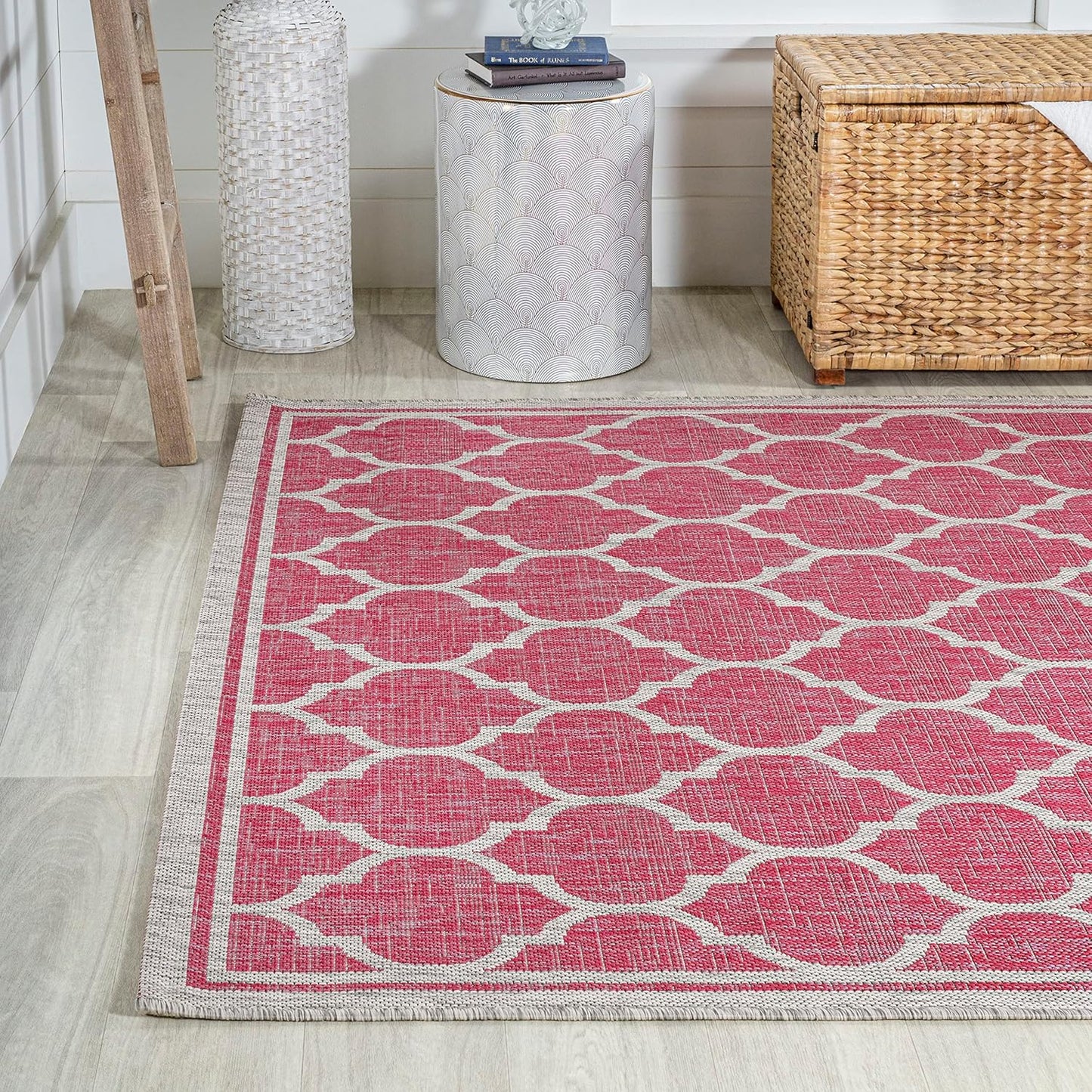 Eyely BMS109H-5 Santa Monica Trebol Moroccan Trellis Textured Weave Indoor/Outdoor Area Rug Coastal;Bohemian, Bedroom, Backyard, Patio, Easy-Cleaning, Non-Shedding, 5 X 8, Fuchsia/Light Gray