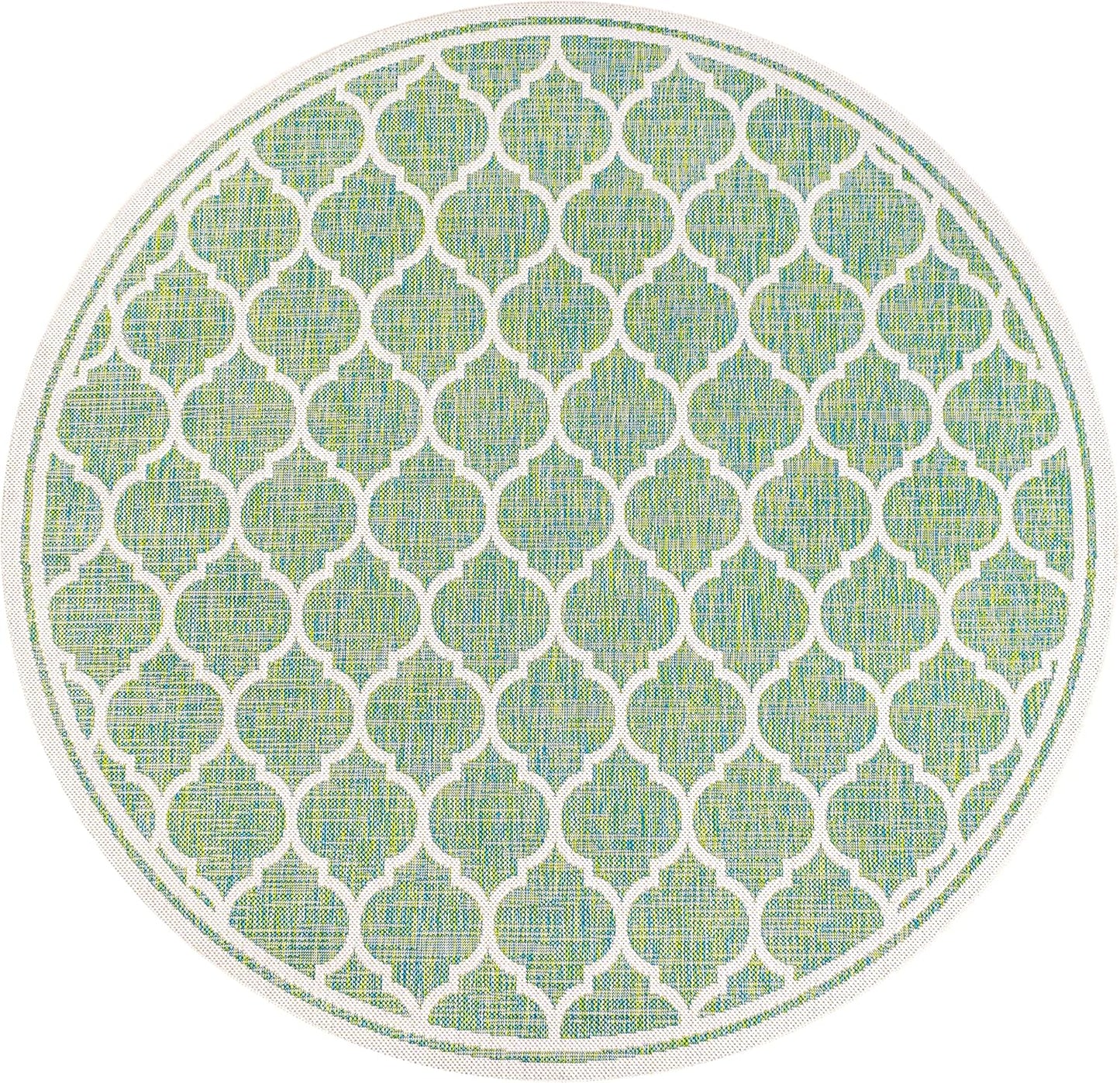Eyely BMS109I-5R Santa Monica Trebol Moroccan Trellis Textured Weave Indoor/Outdoor Area Rug Coastal;Bohemian, Bedroom, Backyard, Patio, Easy-Cleaning, Non-Shedding, 5' Round, Cream/Green