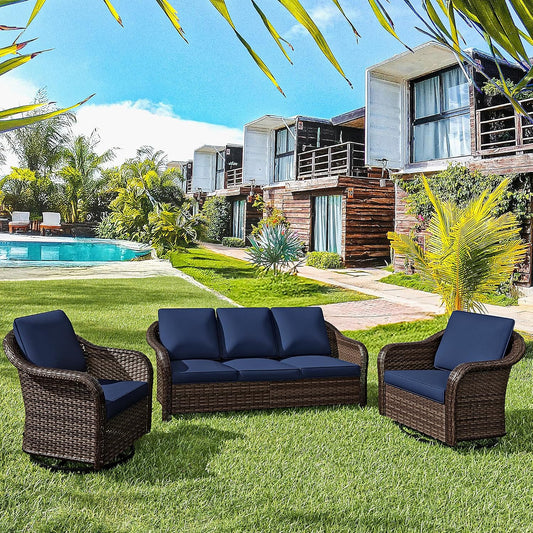 3 Pieces Patio Conversation Set, 78" Wicker 2-Seat Couch with Washable Cushions, Wicker 360 Degree Swivel Glider Rocker Chairs, Sofa for Garden, Lawn (Navy Blue)