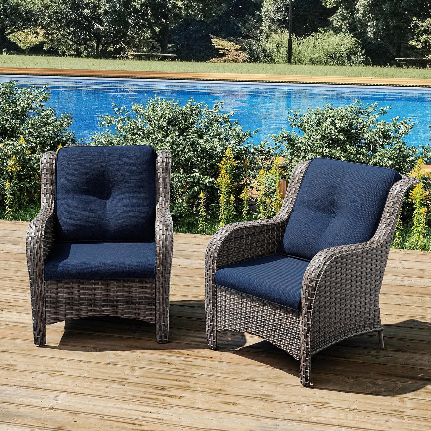 Joyside Outdoor Wicker Chair Rattan Patio Dining Chairs Set of 2 PE Wicker Patio Chairs with 4inch Seat Cushions Outdoor Patio Seating Chair for Garden, Backyard Deck(Mixed Grey/Blue)