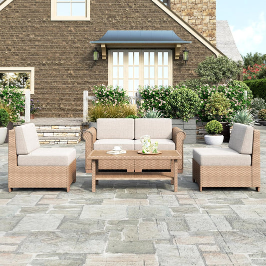 HERA'S HOUSE Patio Furniture Set, All Weather 4 Seats Outdoor Sectional Wicker Sofa with 44" Coffee Table, 5.5" Thick Waterproof Cushion Modular Conversation 5 Pieces Sofa Set for Garden Deck Backyard